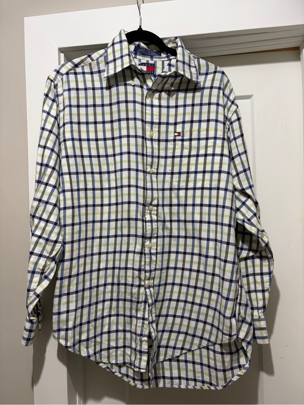 Tommy Hilfiger White Flannel Button-Down Shirt with Blue & Green Plaid